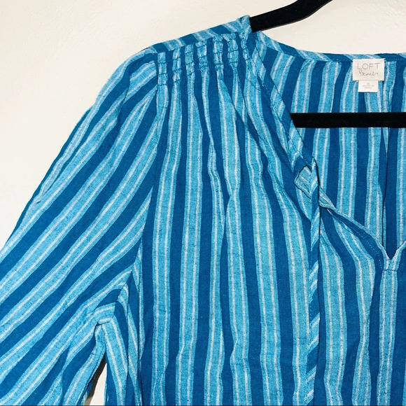 LOFT Beach Teal & Blue Striped Split Neck Popover Top Medium Women’s - Picture 4 of 11